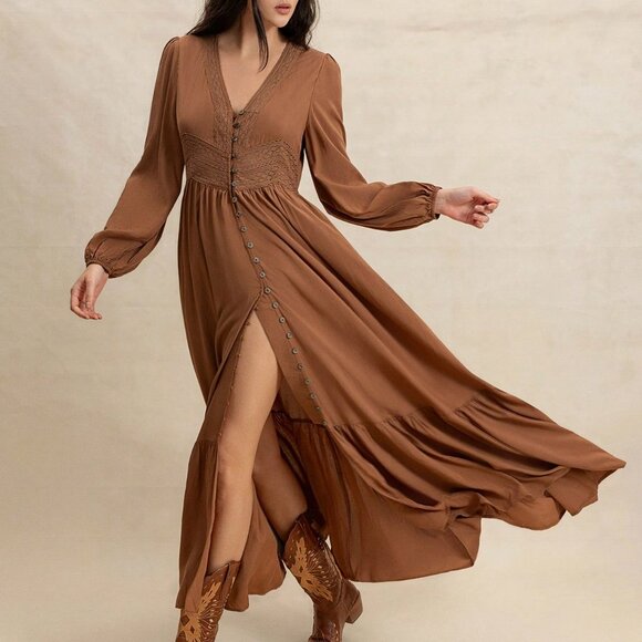 Boho Beauty Brown Women's Cinch Lace waist long sleeve Maxi Dress - Picture 4 of 8